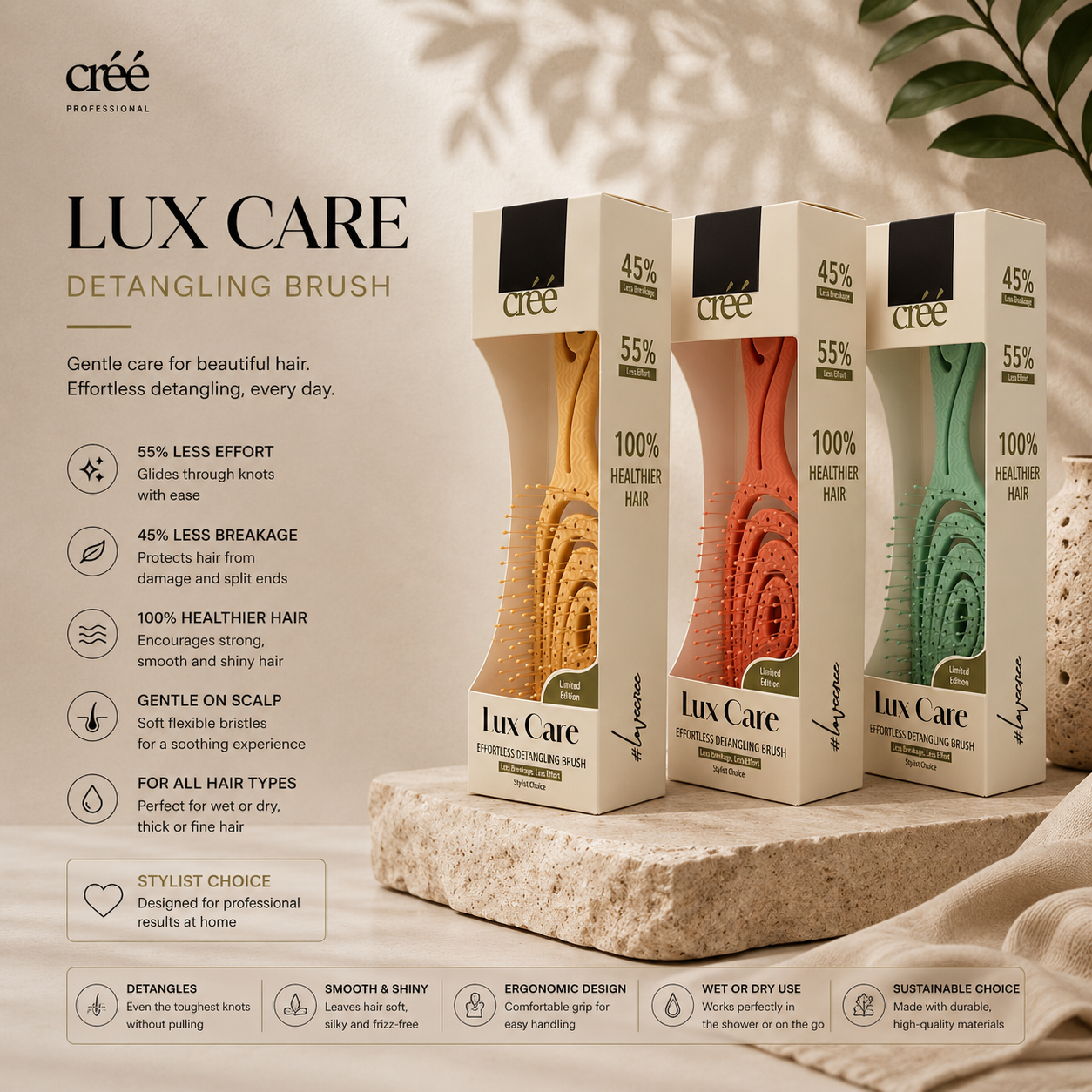 Créé Lux Care Detangling Brush – Gentle & Effortless Care