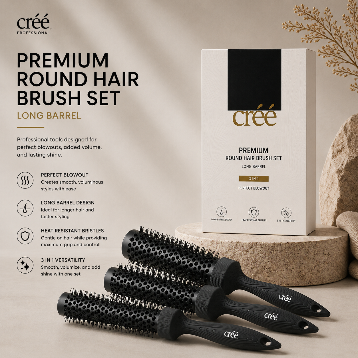 Créé Premium Round Hair Brush Set Long Barrel (3 in 1)