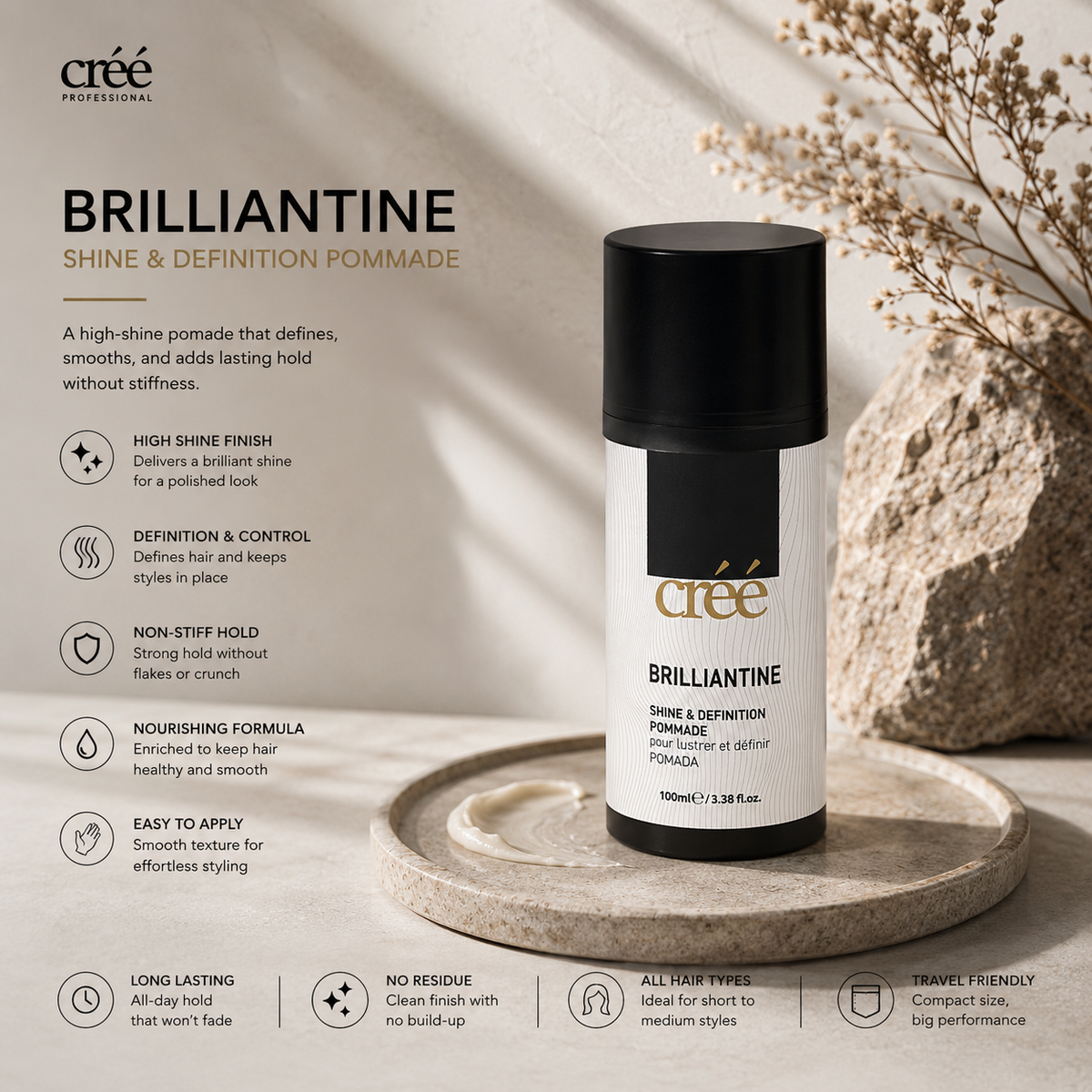Créé Brilliantine Pomade in use, shine and definition