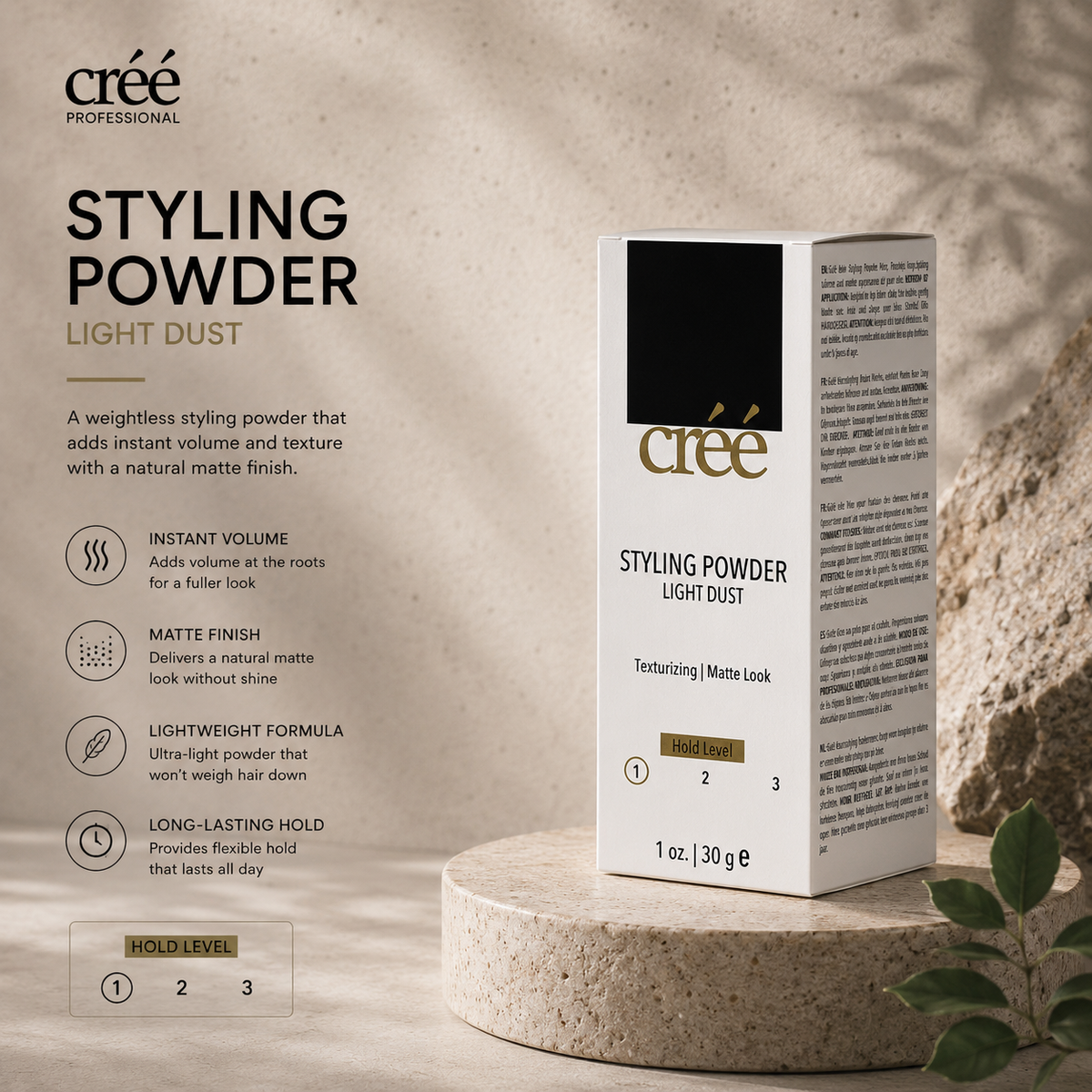 Créé Styling Powder in use, root volume and matte texture